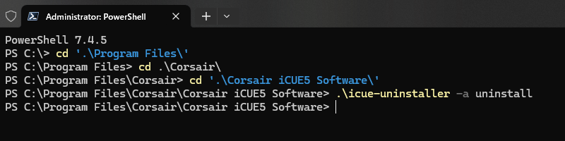 icue-uninstallerを起動した後のターミナル